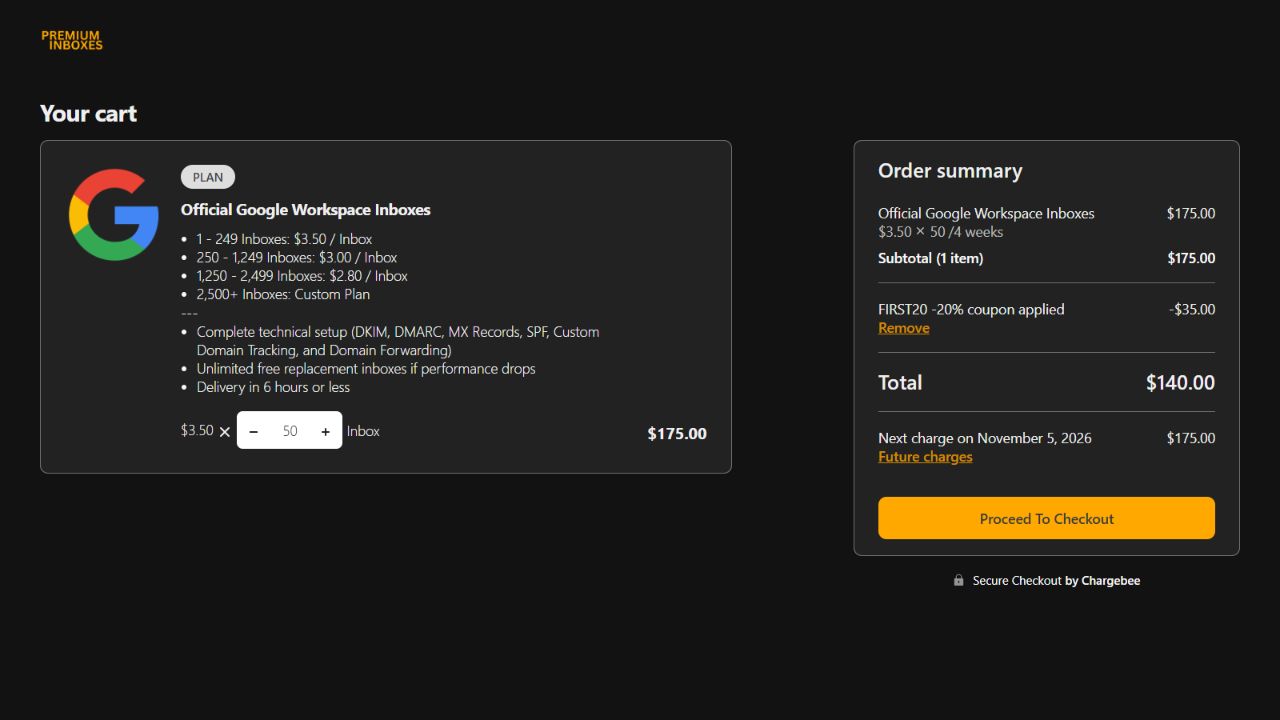 Premium Inboxes checkout: 50 Google Workspace Standard inboxes, $175 subtotal, FIRST20 discount of $35, and $140 total.